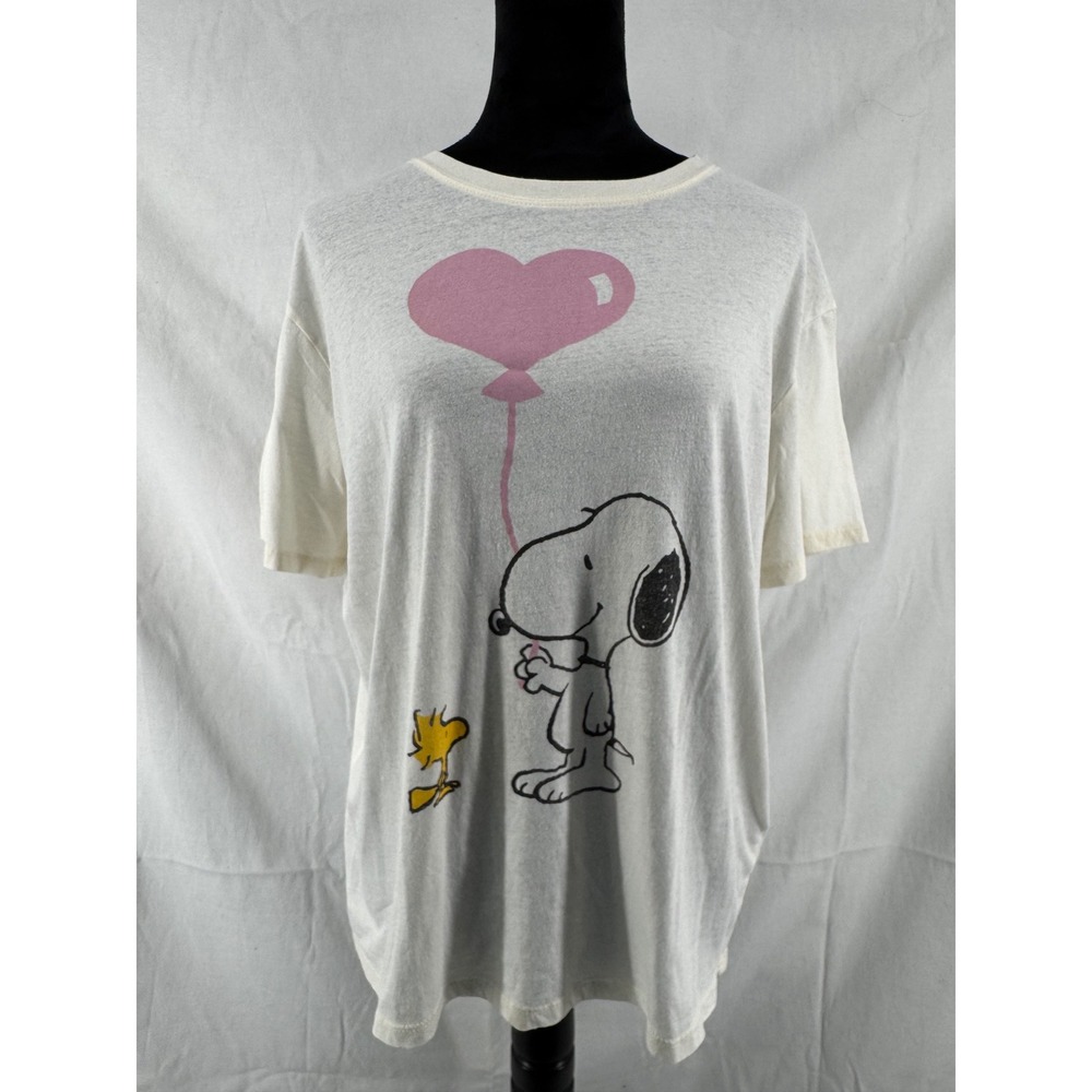 Peanuts Snoopy Woodstock Pink Heart Balloon Graphic Tee White Freeze Womens L